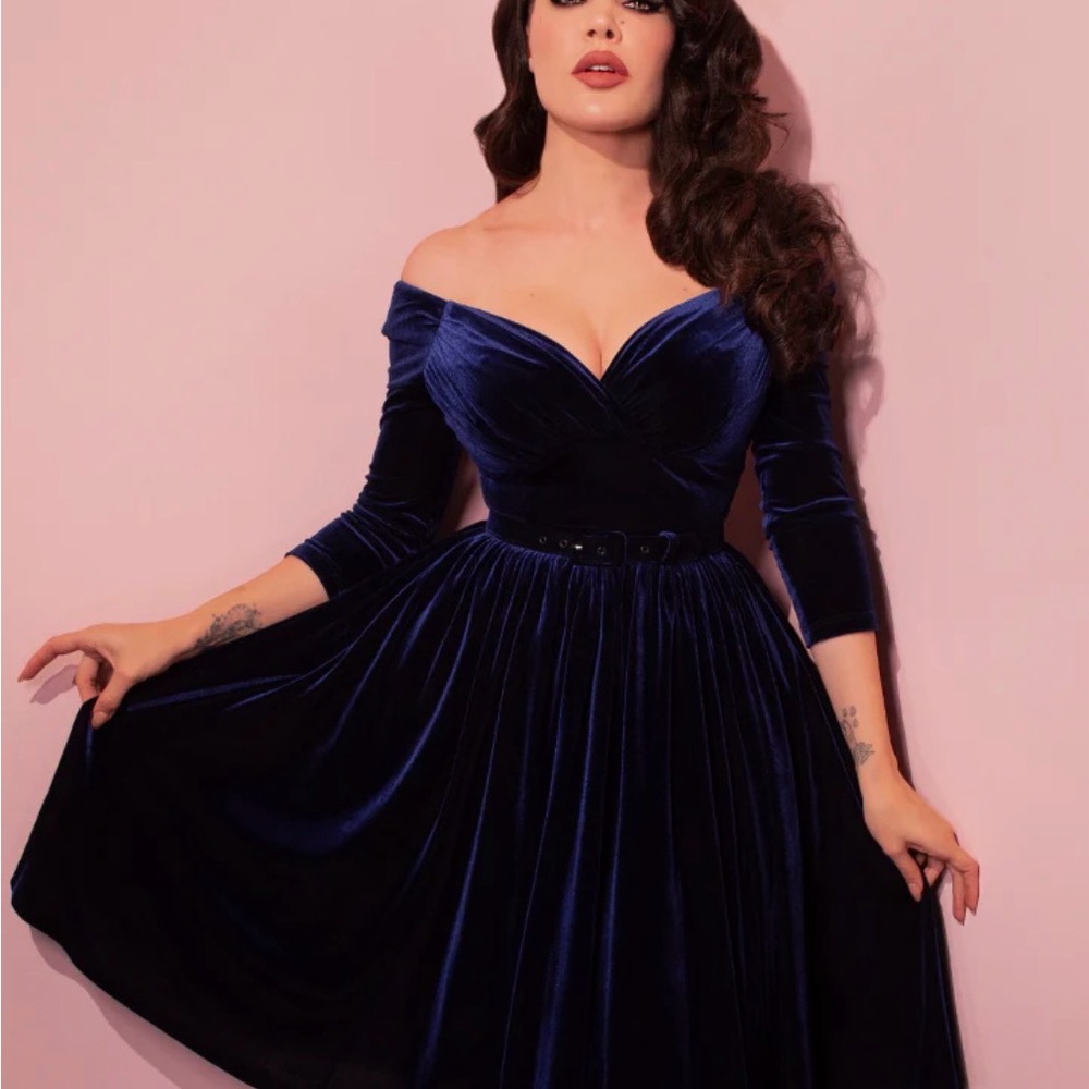 Vixen by Micheline Pitt Midnight Blue Velvet Midi Dress